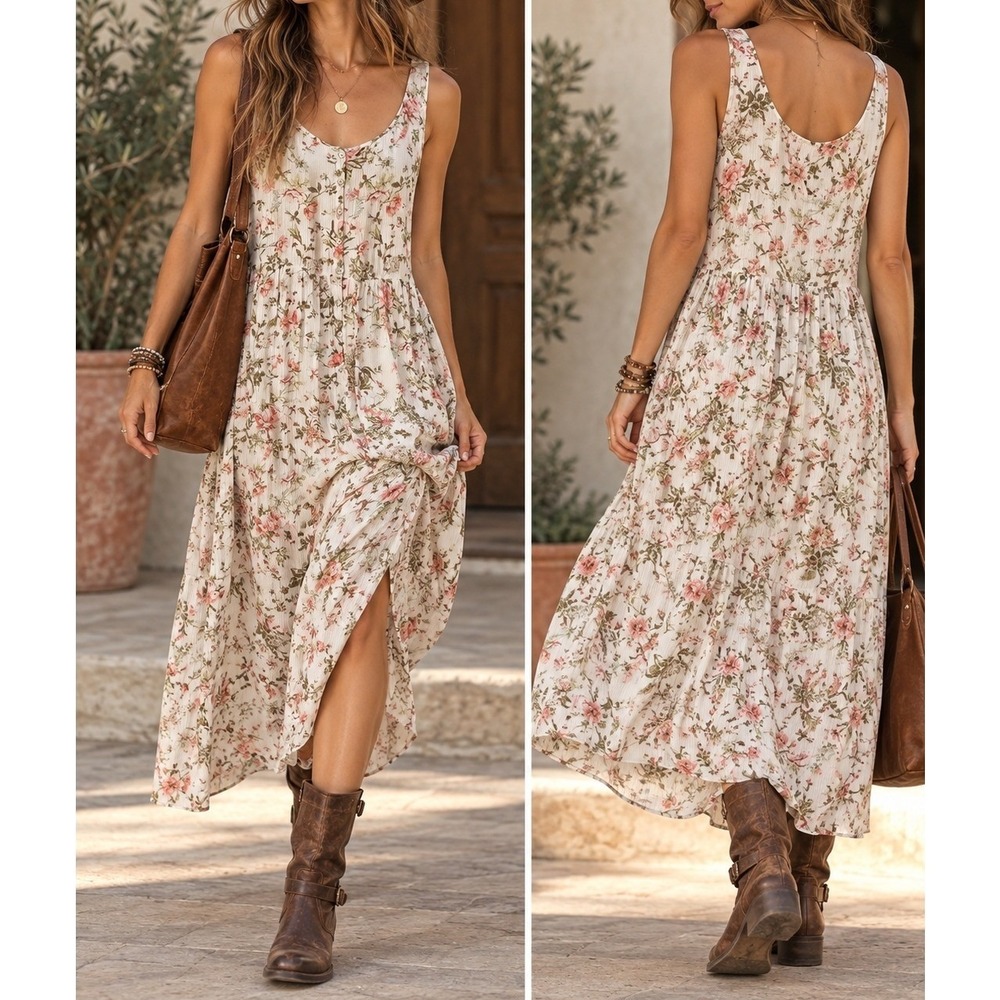 Frye Women XXL Floral Maxi Dress Sleeveless Crinkle Rayon Boho Cream Pink Boho